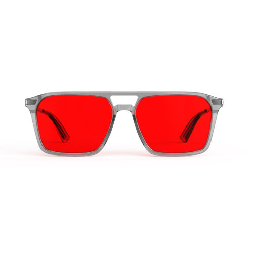 A Front view of Gloojo Night Ease Square Aviator Red Lens Glasses for Night-Grey Gunmetal