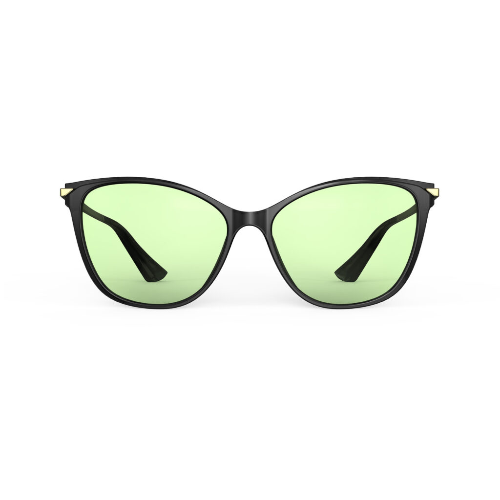 A Front view of Gloojo Sun Boost Cat Eye Green Lens Screen Glasses – Black Gold