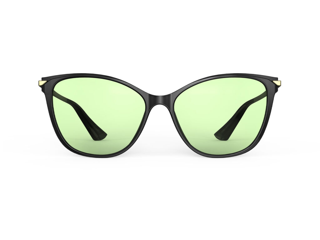 A Front view of Gloojo Sun Boost Cat Eye Green Lens Screen Glasses – Black Gold