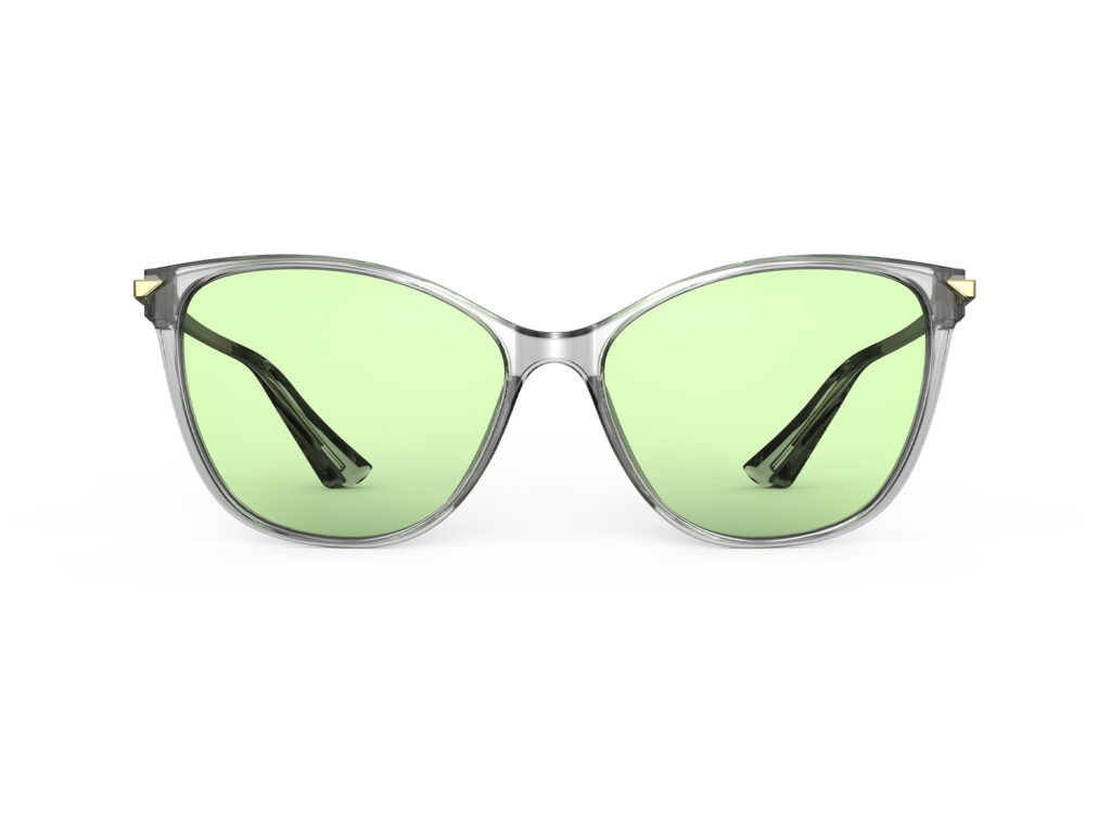 A Front view of Gloojo Sun Boost Cat Eye Green Lens Screen Glasses – Grey Gold