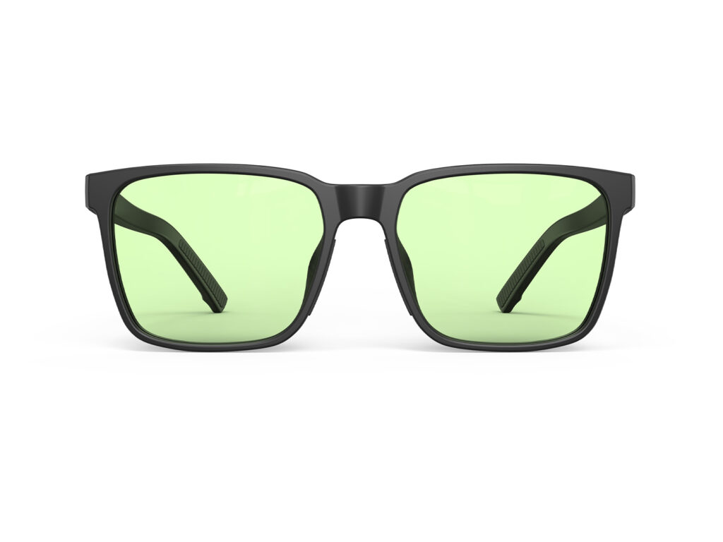 A Front view of Gloojo Sun Boost Classic Square Green Lens Screen Glasses – Black