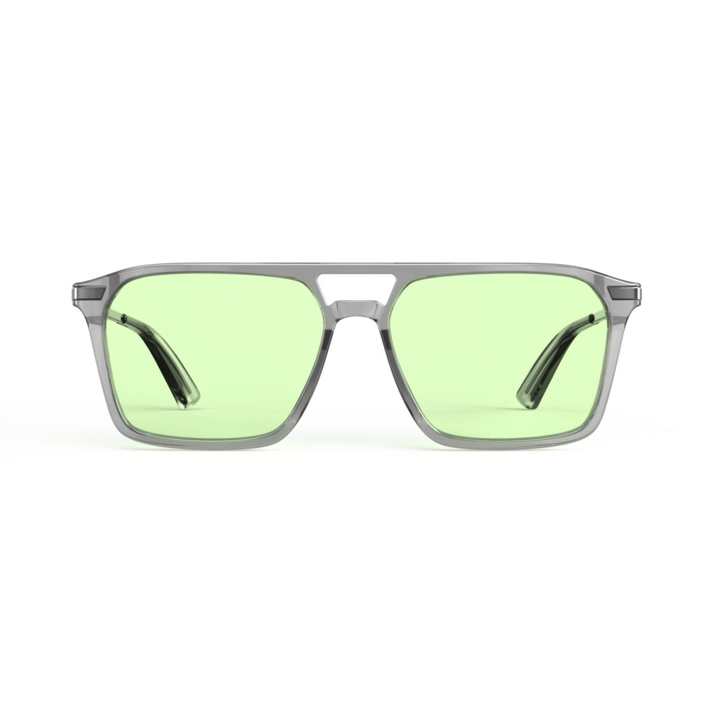 A Front view of Gloojo Sun Boost Square Aviator Green Lens Screen Glasses-Grey Gunmetal