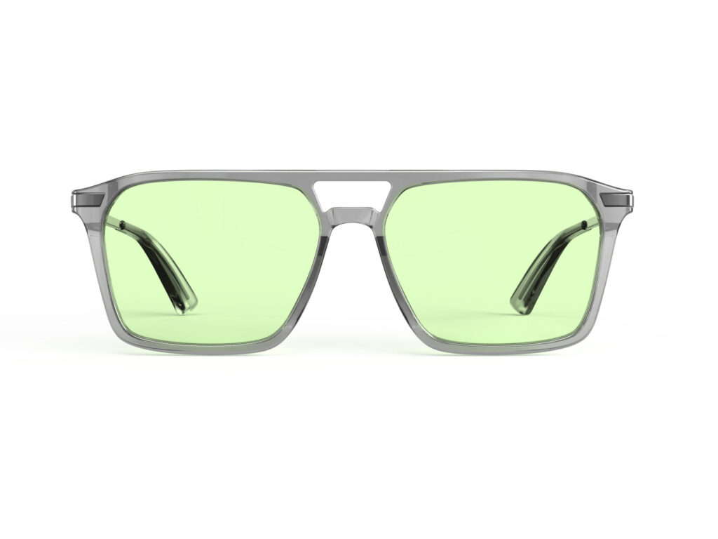 A Front view of Gloojo Sun Boost Square Aviator Green Lens Screen Glasses-Grey Gunmetal