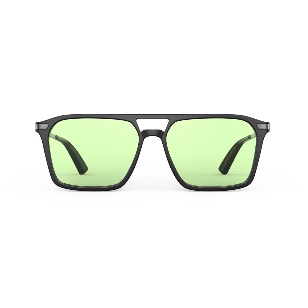 A Front view of Gloojo Sun Boost Square Aviator Green Lens Screen Glasses – Black Gunmetal A Front view of Gloojo Sun Boost Square Aviator Green Lens Screen Glasses – Black Gunmetal