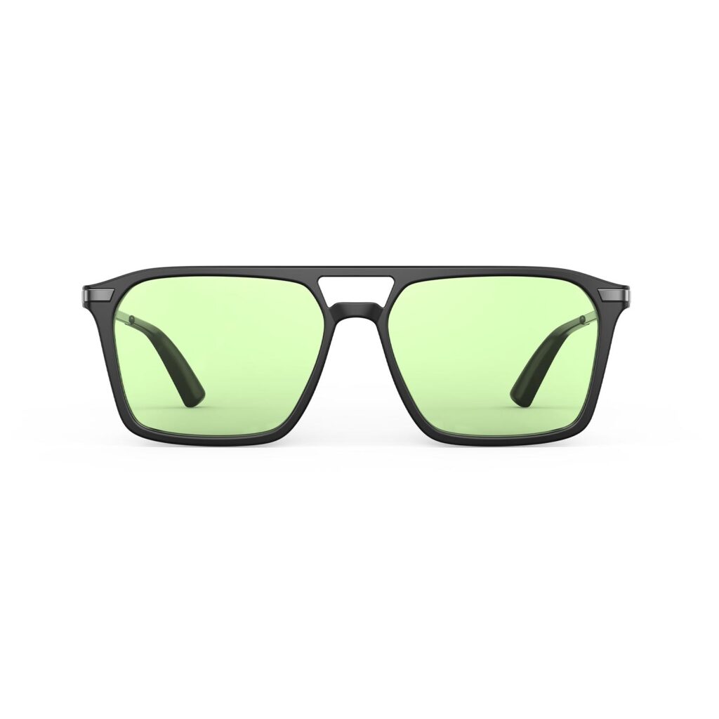 A Front view of Gloojo Sun Boost Square Aviator Green Lens Screen Glasses – Black Gunmetal