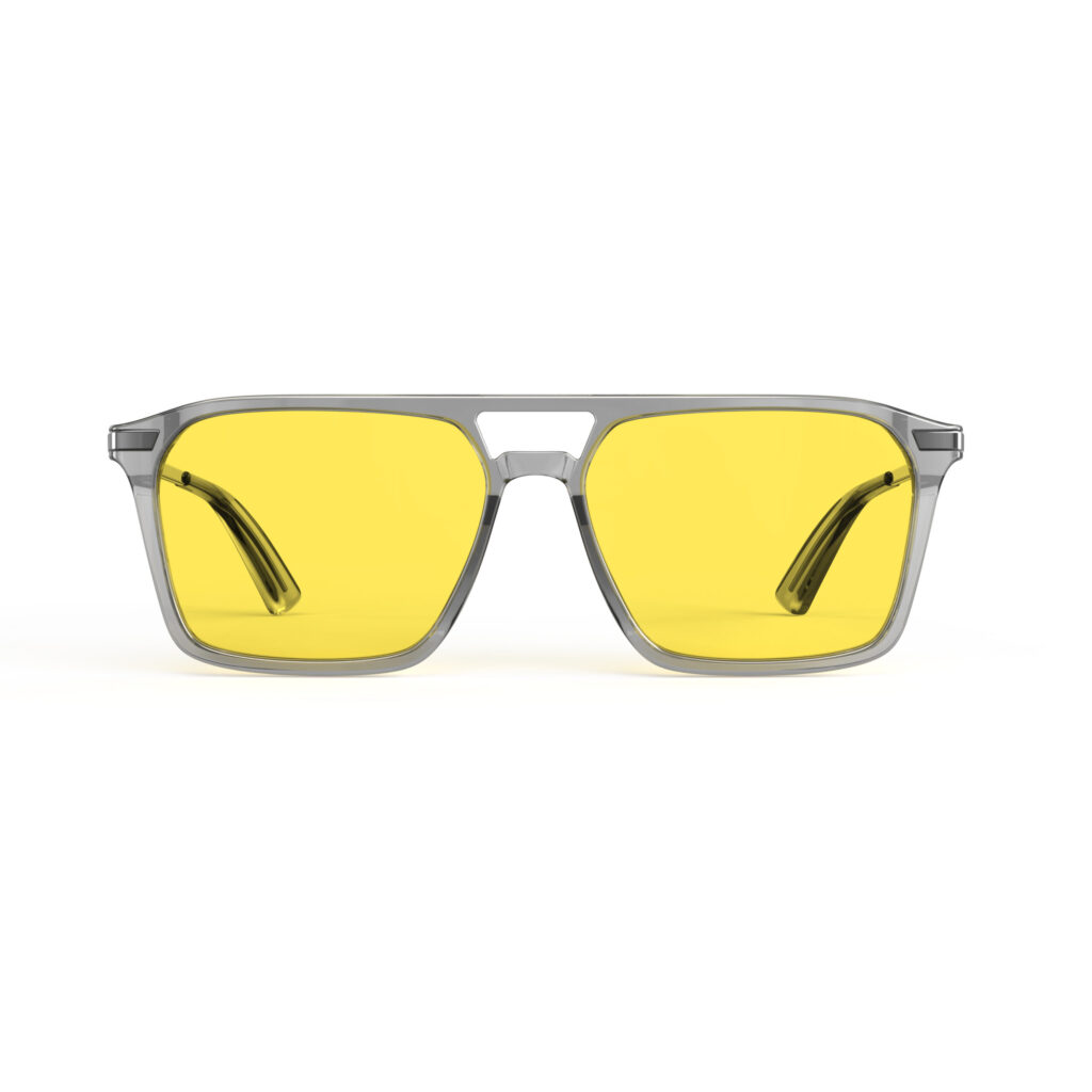 A Front view of Gloojo Sun Boost Yellow Lens Square Aviator Screen Glasses – Grey Gunmetal