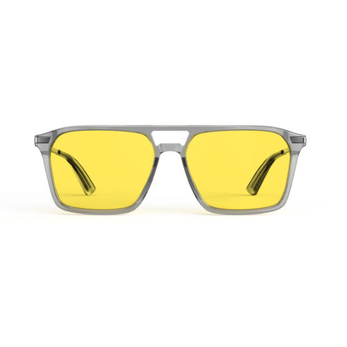 A Front view of Gloojo Sun Boost Yellow Lens Square Aviator Screen Glasses – Grey Gunmetal