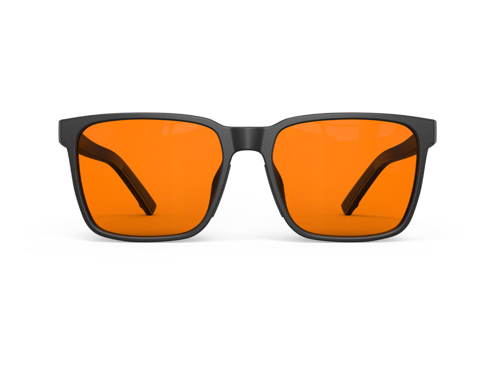 A Front view of Night Ease Classic Square Orange Sleep Glasses - Black