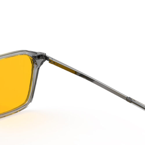 A Hinge closeup of Gloojo AmberShield Amber Lens Square Aviator Light Sensitivity Glasses – Grey Gunmetal A Hinge closeup of Gloojo AmberShield Amber Lens Square Aviator Light Sensitivity Glasses – Grey Gunmetal