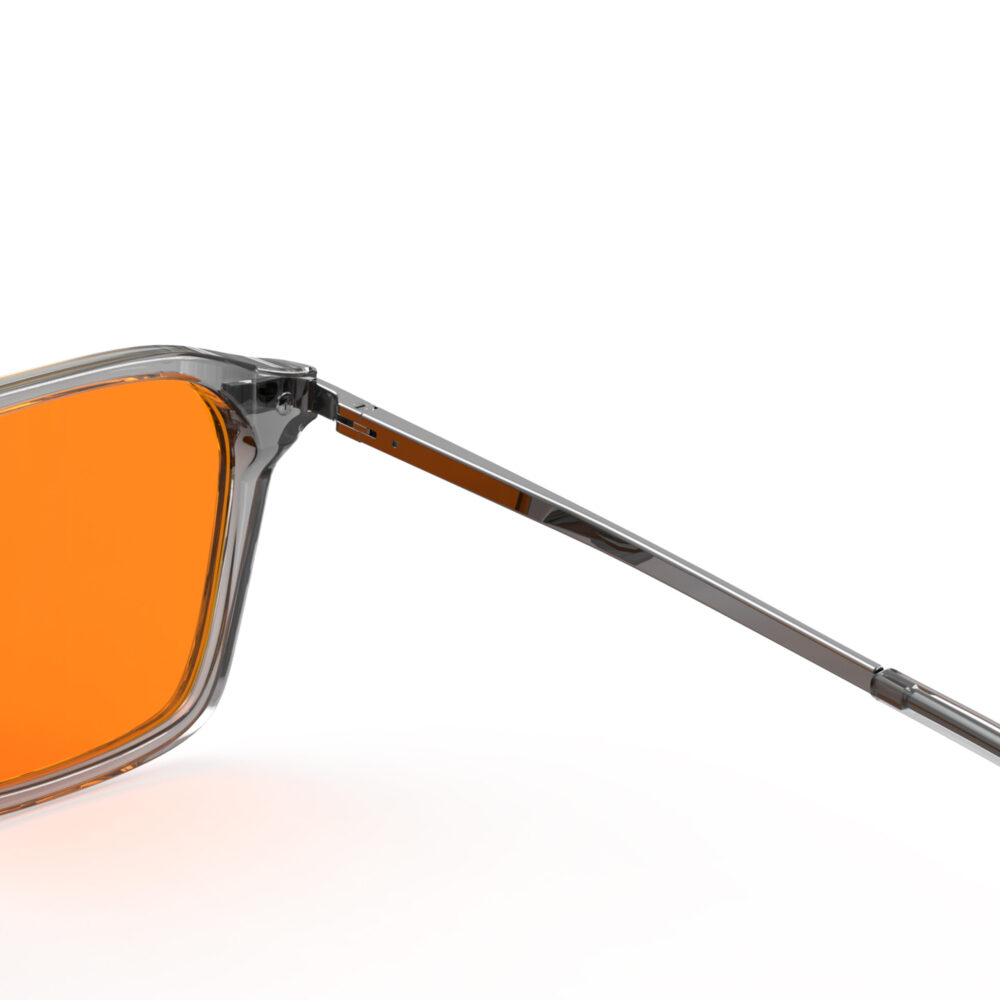 A Hinge closeup of Gloojo Night Ease Orange Lens Square Aviator Sleep Glasses – Grey Gunmetal