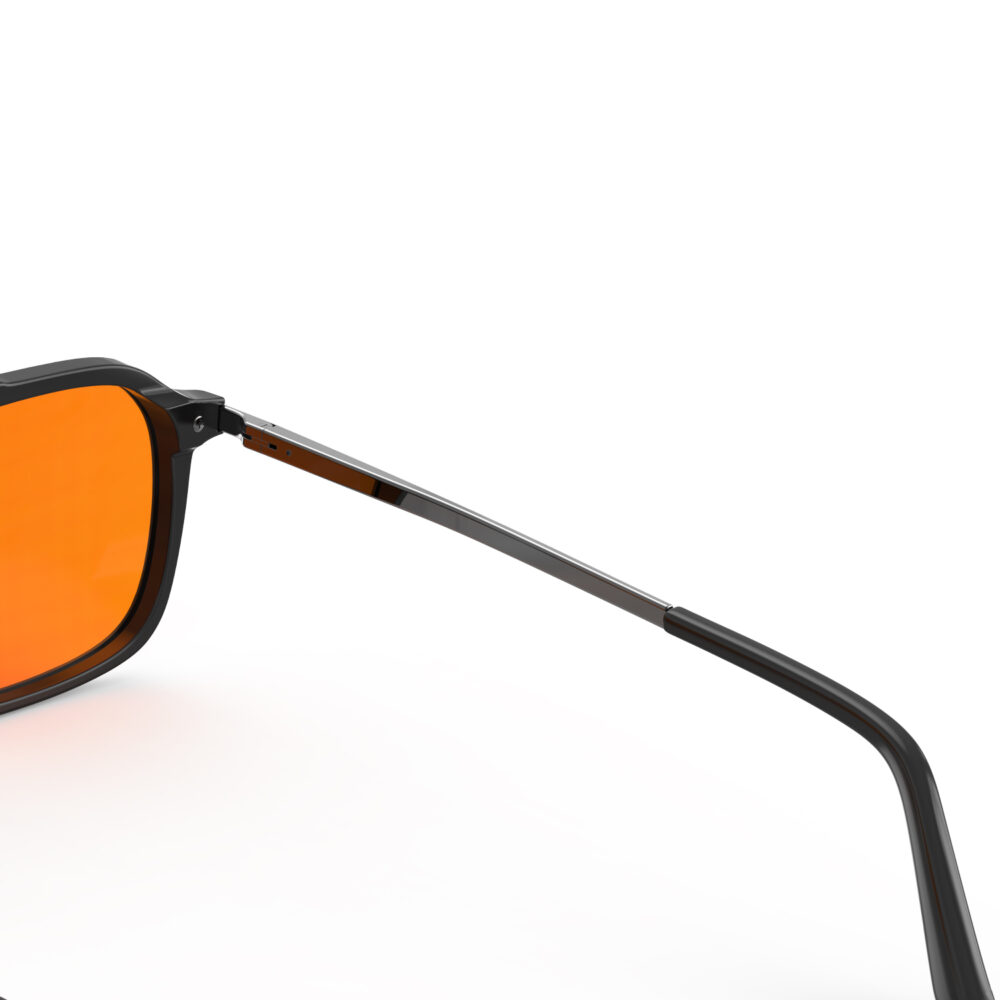 A Hinge closeup of Gloojo Night Ease Oval Aviator Orange Lens Glasses for Night-Black Gunmetal