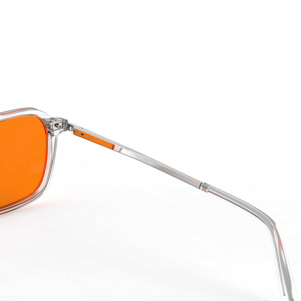 A Hinge closeup of Gloojo Night Ease Oval Aviator Orange Lens Glasses for Night-Clear Silver