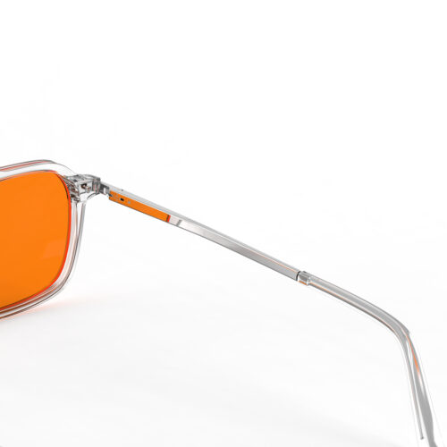 A Hinge closeup of Gloojo Night Ease Oval Aviator Orange Lens Glasses for Night-Clear Silver
