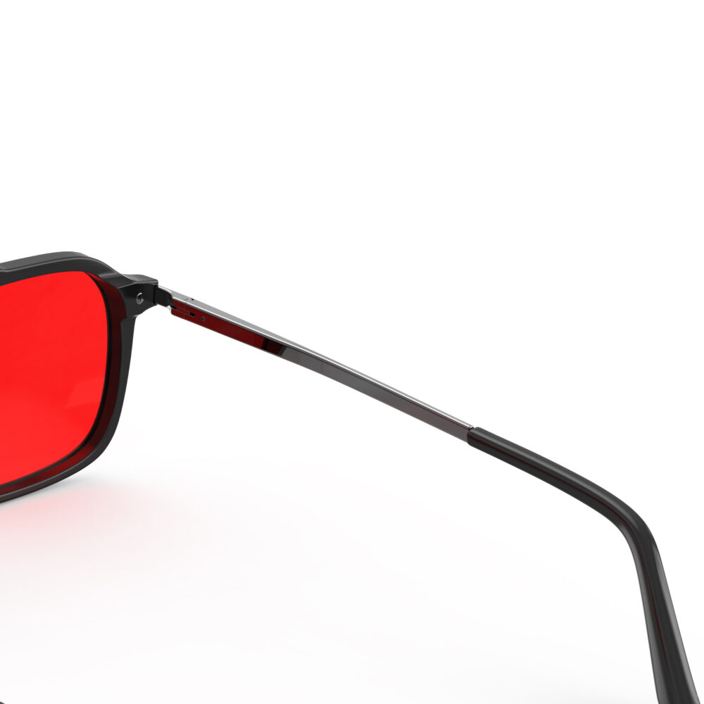 A Hinge closeup of Gloojo Night Ease Oval Aviator Red Lens Glasses for Night-Black Gunmetal