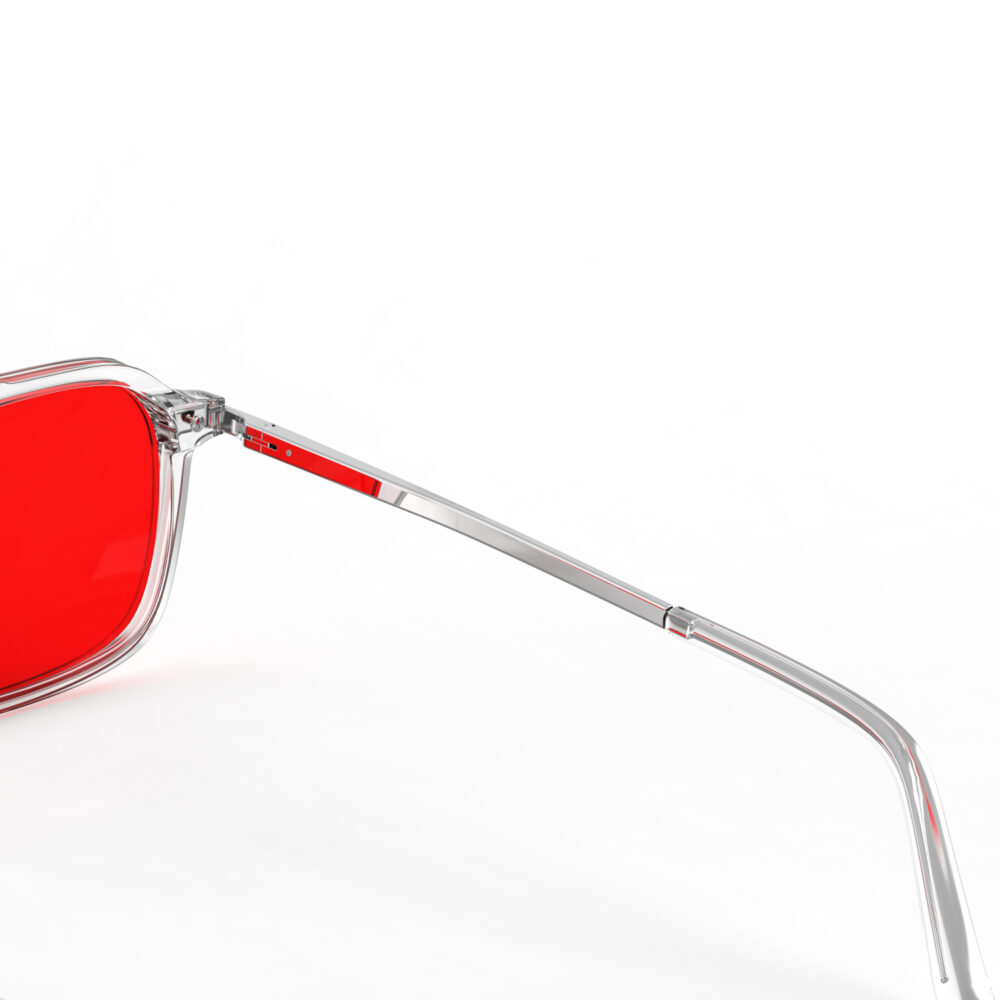 A Hinge closeup of Gloojo Night Ease Oval Aviator Red Lens Glasses for Night-Clear Silver