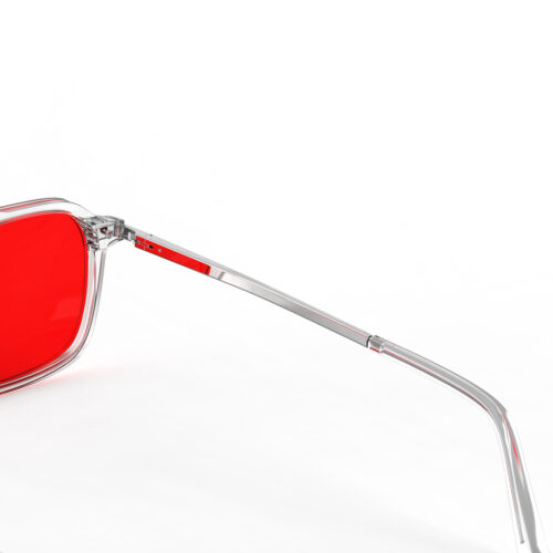 A Hinge closeup of Gloojo Night Ease Oval Aviator Red Lens Glasses for Night-Clear Silver