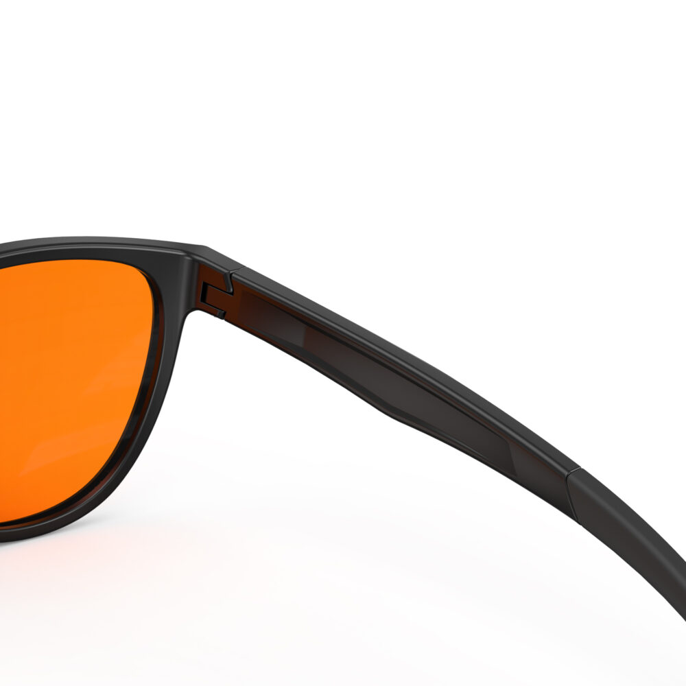 A Hinge closeup of Gloojo Night Ease Oval Orange Colored glasses for sleep - Black