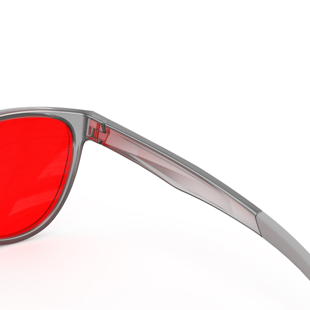 A Hinge closeup of Gloojo Night Ease Oval Red Colored Glasses for sleep - Grey