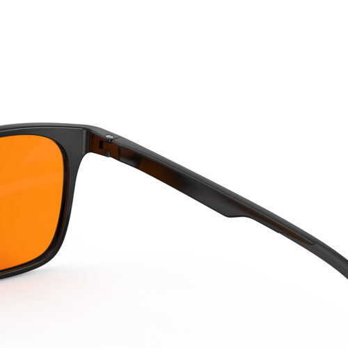A Hinge closeup of Gloojo Night Ease Rounded Square Orange lens glasses for sleep - Black