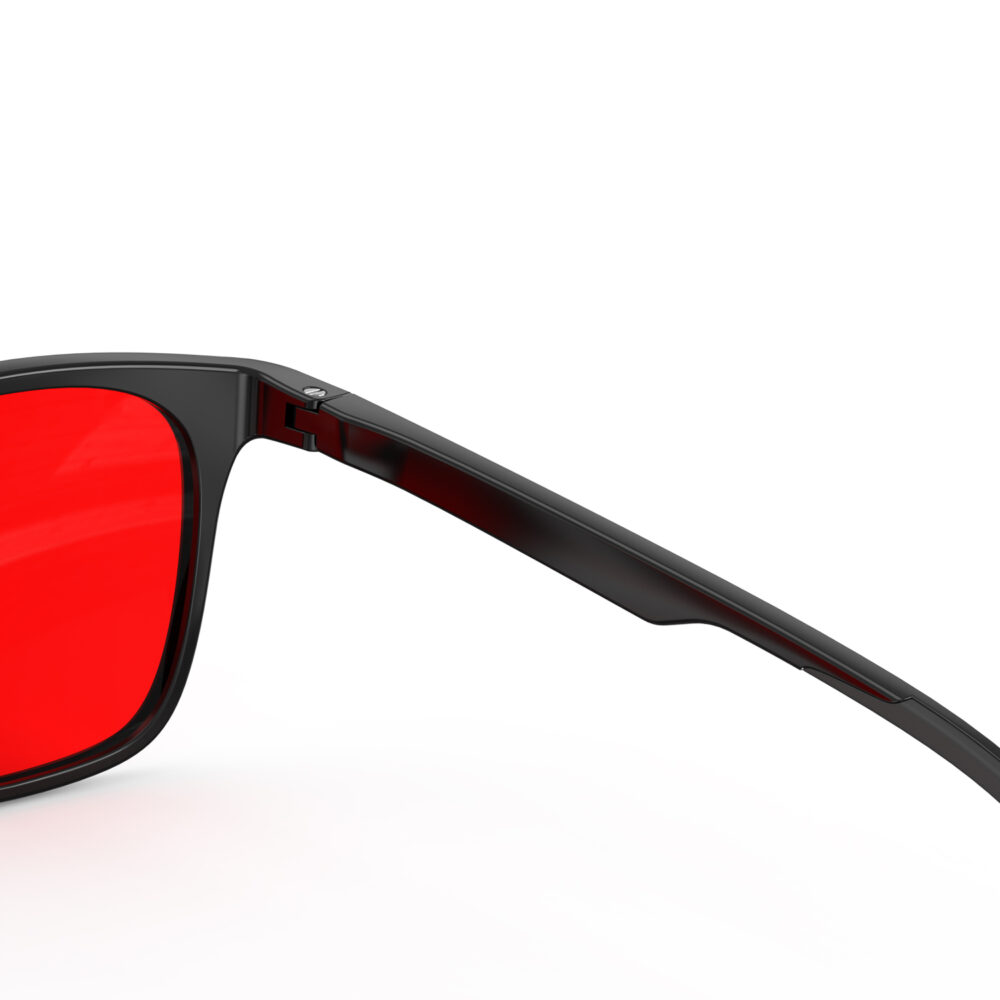 A Hinge closeup of Gloojo Night Ease Rounded Square Red Tinted Glasses for sleep - Black