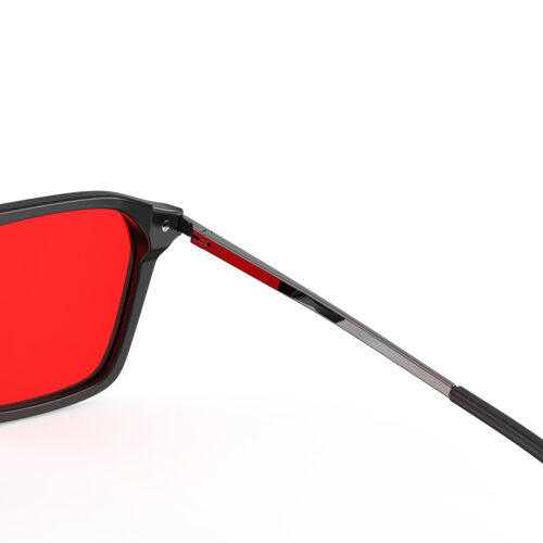 A Hinge closeup of Gloojo Night Ease Square Aviator Red Lens Glasses for Night-Black Gunmetal