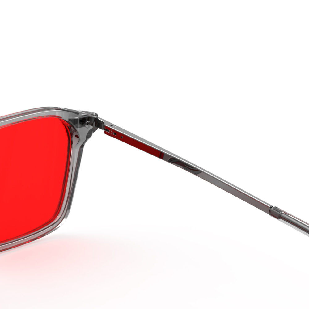 A Hinge closeup of Gloojo Night Ease Square Aviator Red Lens Glasses for Night-Grey Gunmetal