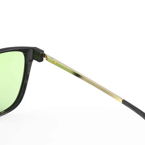 A Hinge closeup of Gloojo Sun Boost Cat Eye Green Lens Screen Glasses – Black Gold
