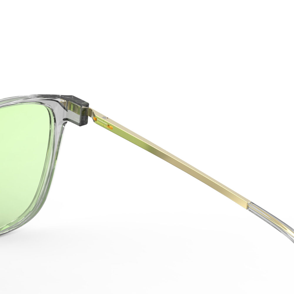 A Hinge closeup of Gloojo Sun Boost Cat Eye Green Lens Screen Glasses – Grey Gold