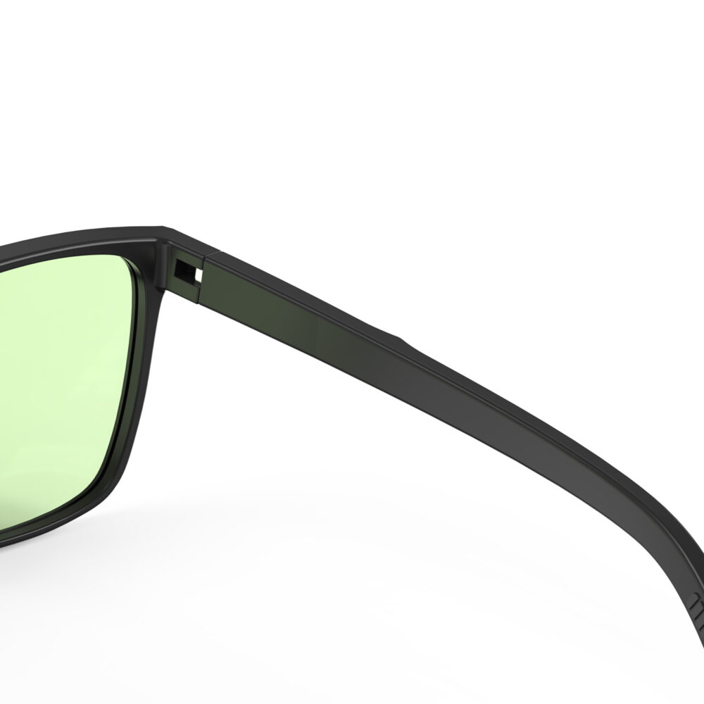 A Hinge closeup of Gloojo Sun Boost Classic Square Green Lens Screen Glasses – Black