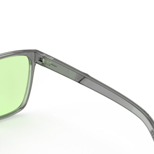 A Hinge closeup of Gloojo Sun Boost Classic Square Green Lens Screen Glasses – Grey