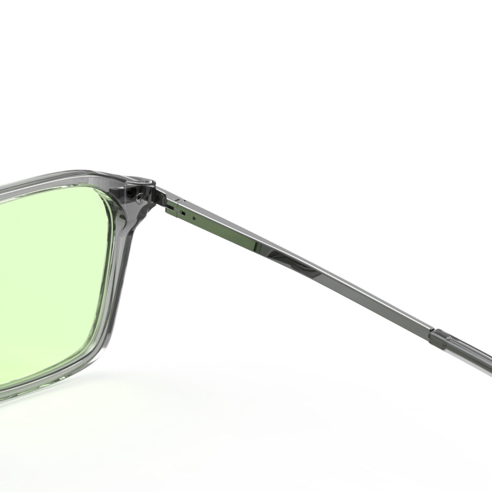 A Hinge closeup of Gloojo Sun Boost Square Aviator Green Lens Screen Glasses-Grey Gunmetal
