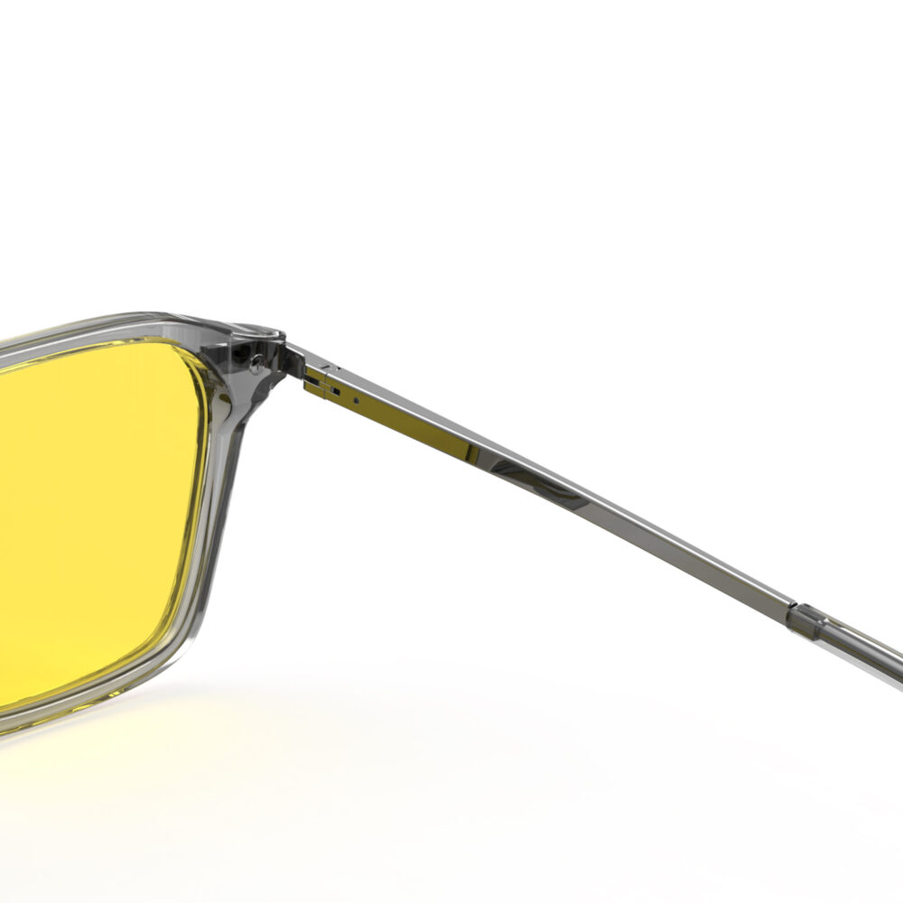 A Hinge closeup of Gloojo Sun Boost Yellow Lens Square Aviator Screen Glasses – Grey Gunmetal