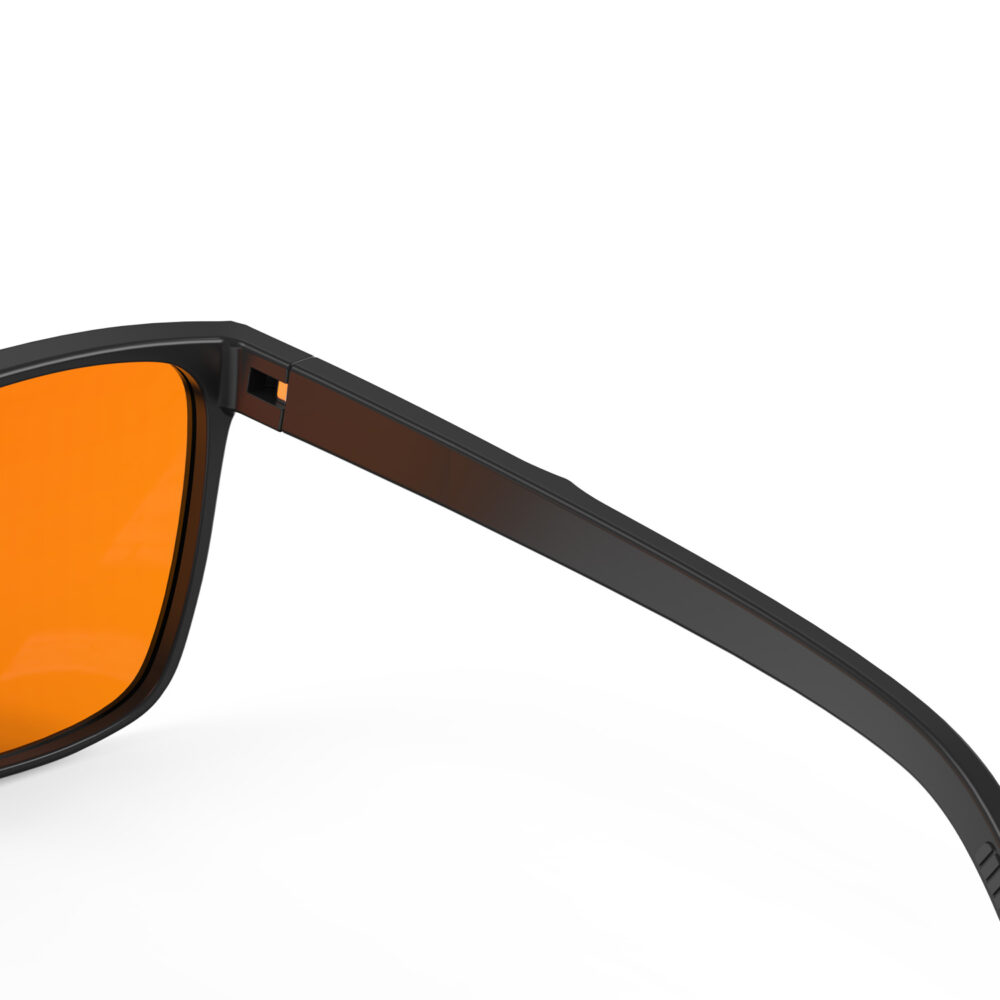 A Hinge closeup of Night Ease Classic Square Orange Sleep Glasses - Black A Hinge closeup of Night Ease Classic Square Orange Sleep Glasses - Black