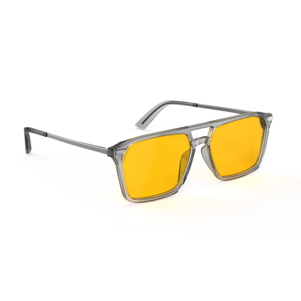 A Right side view of Gloojo AmberShield Amber Lens Square Aviator Light Sensitivity Glasses – Grey Gunmetal A Right side view of Gloojo AmberShield Amber Lens Square Aviator Light Sensitivity Glasses – Grey Gunmetal