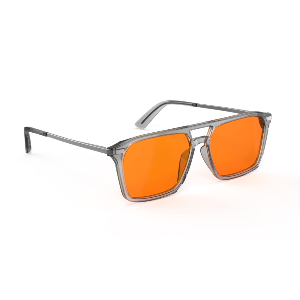 A Right side view of Gloojo Night Ease Orange Lens Square Aviator Sleep Glasses – Grey Gunmetal
