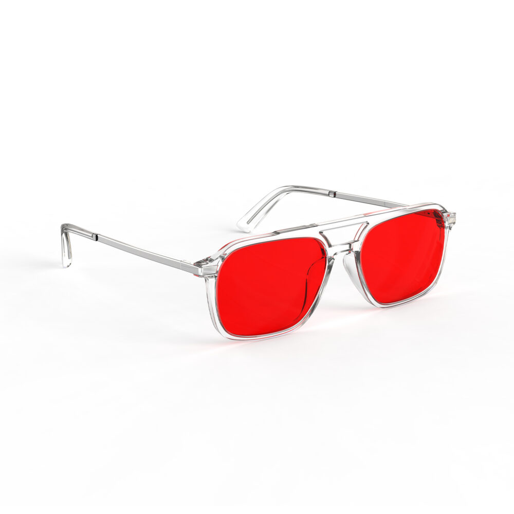 A Right side view of Gloojo Night Ease Oval Aviator Red Lens Glasses for Night-Clear Silver