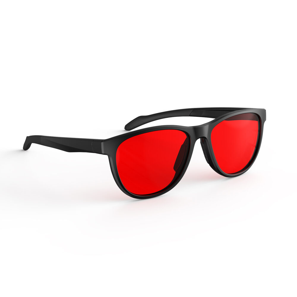 A Right side view of Gloojo Night Ease Oval Red Colored Glasses for sleep - Black