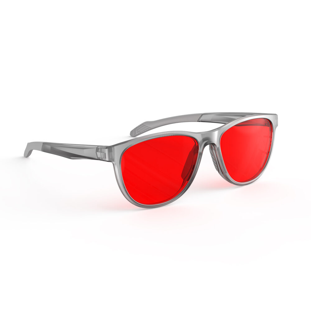 A Right side view of Gloojo Night Ease Oval Red Colored Glasses for sleep - Grey
