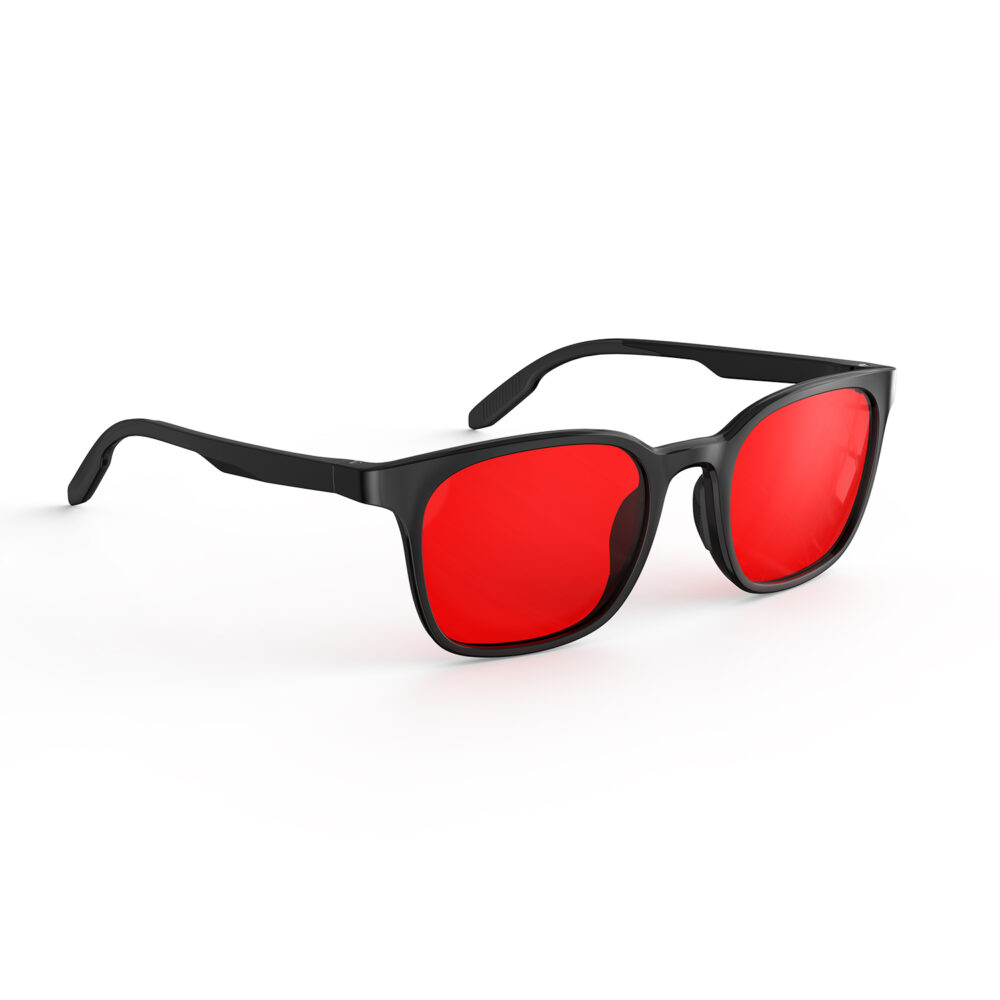 A Right side view of Gloojo Night Ease Rounded Square Red Tinted Glasses for sleep - Black