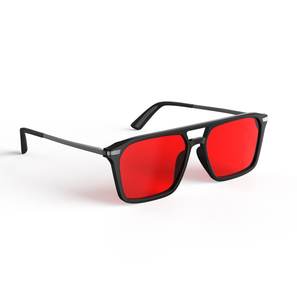 A Right side view of Gloojo Night Ease Square Aviator Red Lens Glasses for Night-Black Gunmetal