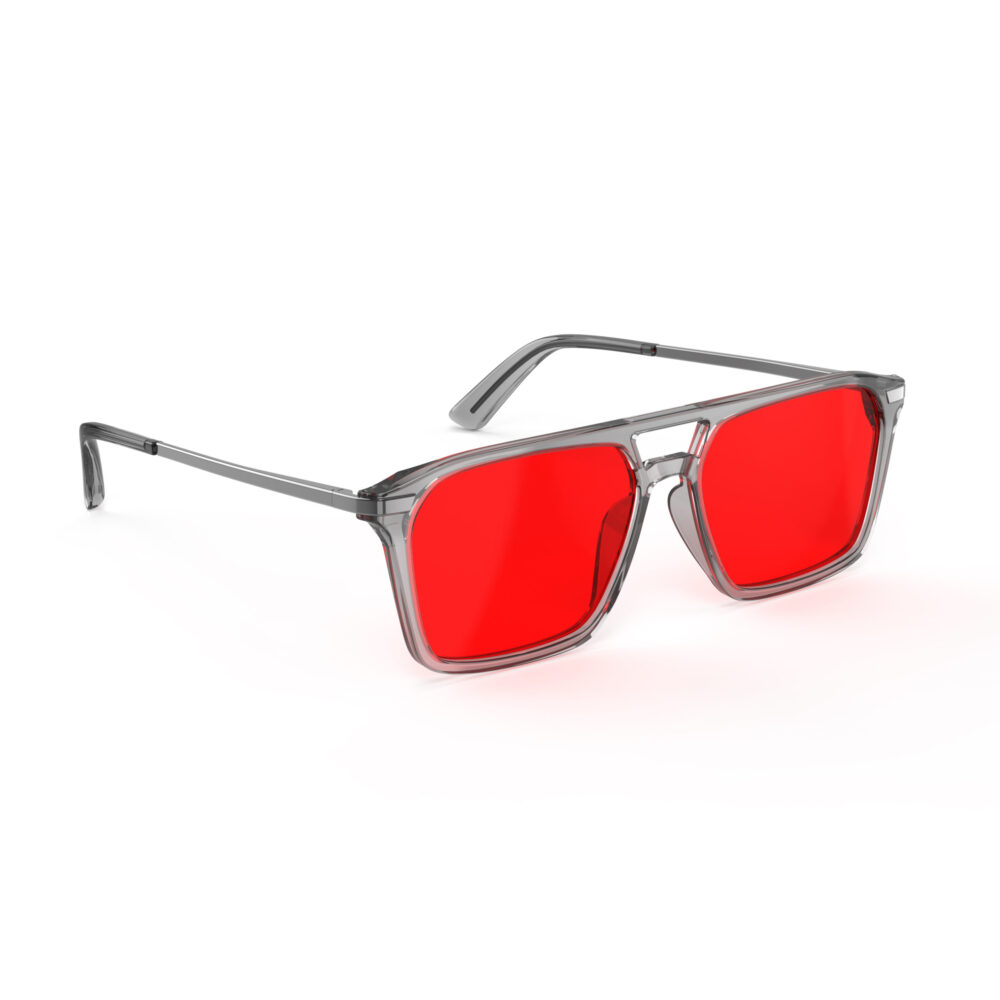 A Right side view of Gloojo Night Ease Square Aviator Red Lens Glasses for Night-Grey Gunmetal