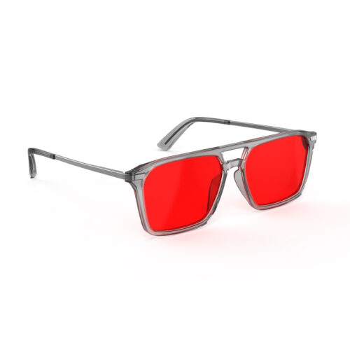 A Right side view of Gloojo Night Ease Square Aviator Red Lens Glasses for Night-Grey Gunmetal