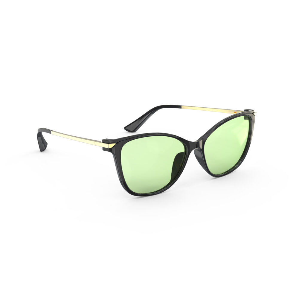 A Right side view of Gloojo Sun Boost Cat Eye Green Lens Screen Glasses – Black Gold