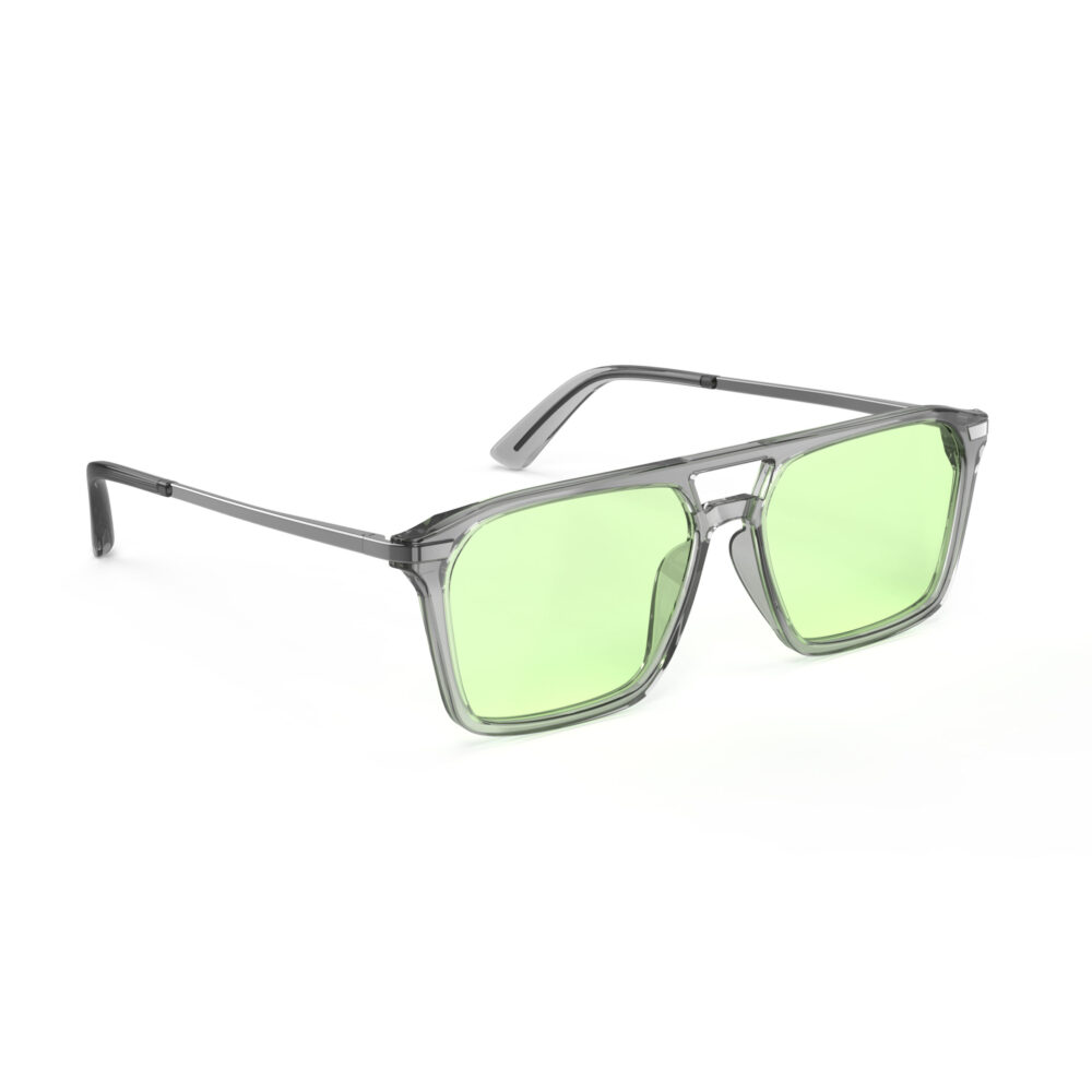 A Right side view of Gloojo Sun Boost Square Aviator Green Lens Screen Glasses-Grey Gunmetal