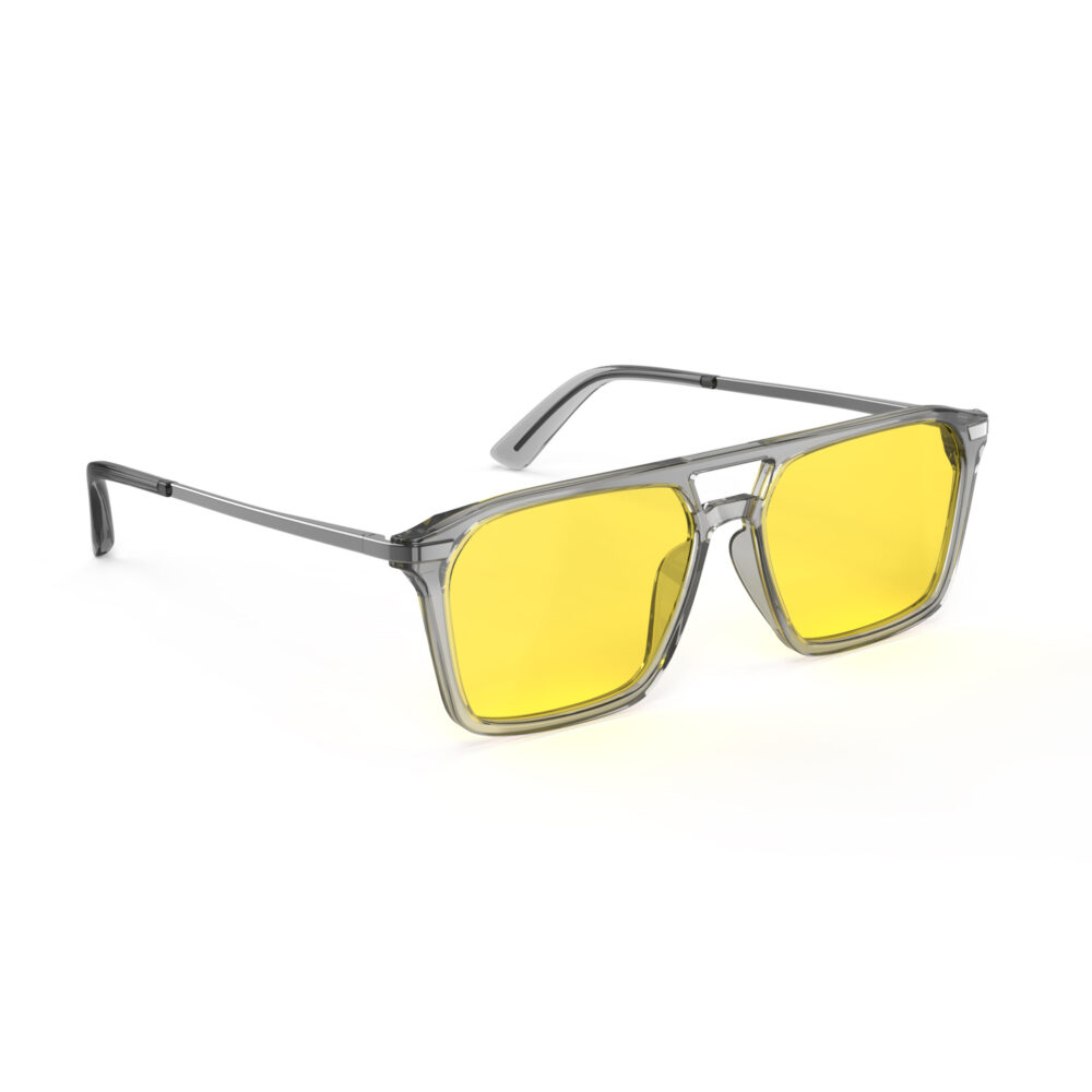 A Right side view of Gloojo Sun Boost Yellow Lens Square Aviator Screen Glasses – Grey Gunmetal