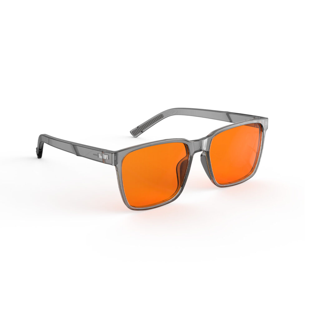 A Right side view of Night Ease Classic Square Orange Sleep Glasses - Grey
