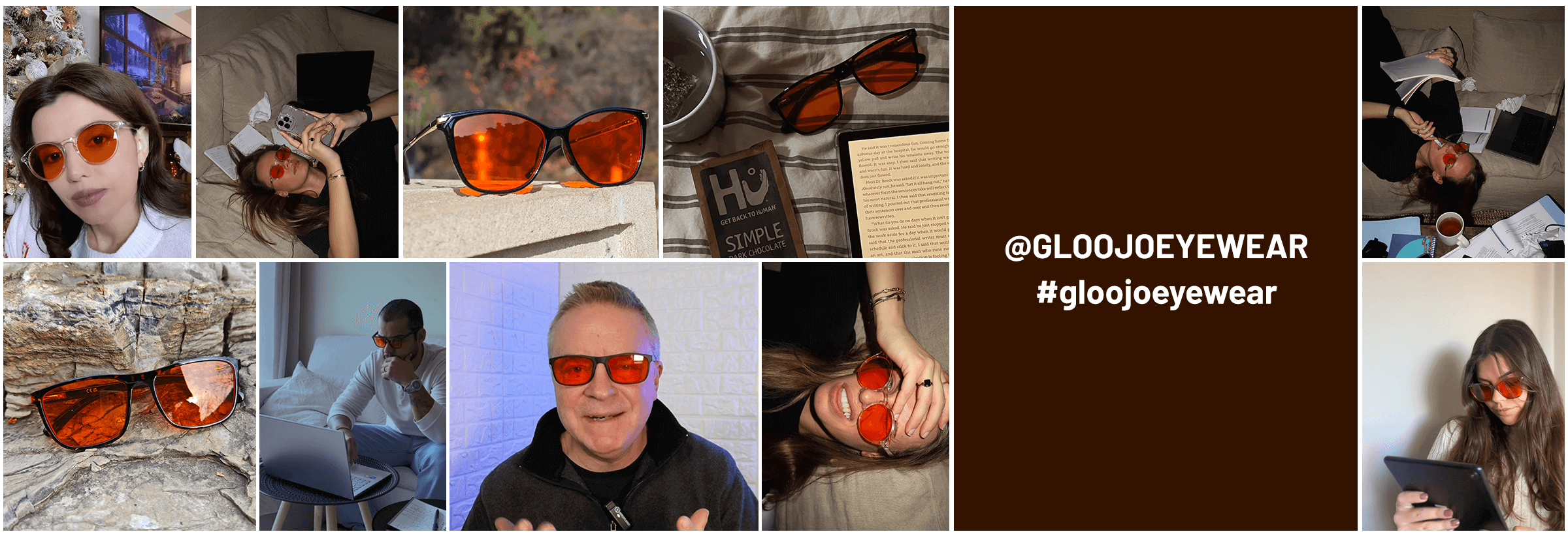 Collage of people wearing orange tint night ease sleep glasses in various settings, including reading, working, sleeping and relaxingand more sharing on social media platforms