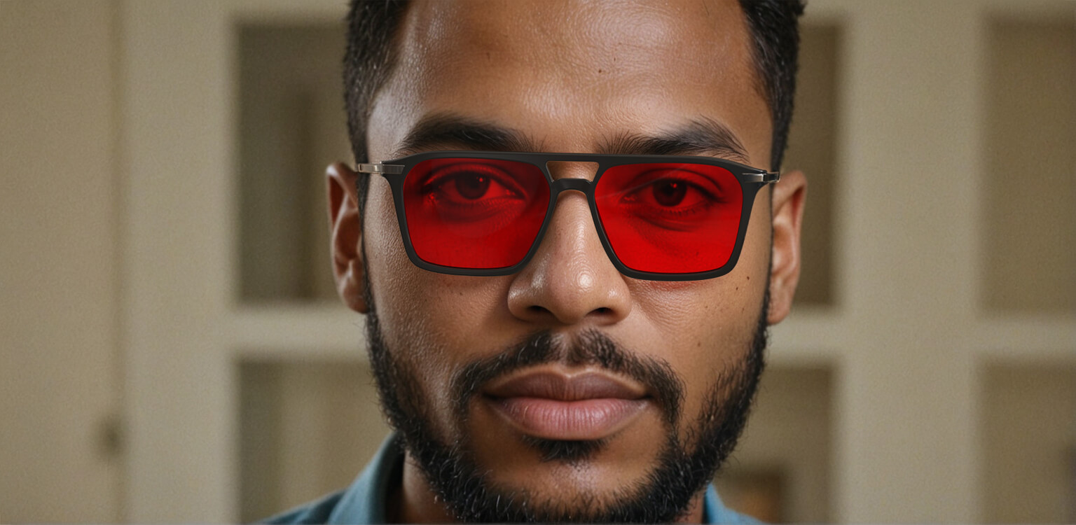 Front view of a man wearing Night Ease Square Aviator Red Lens Sleep Glasses