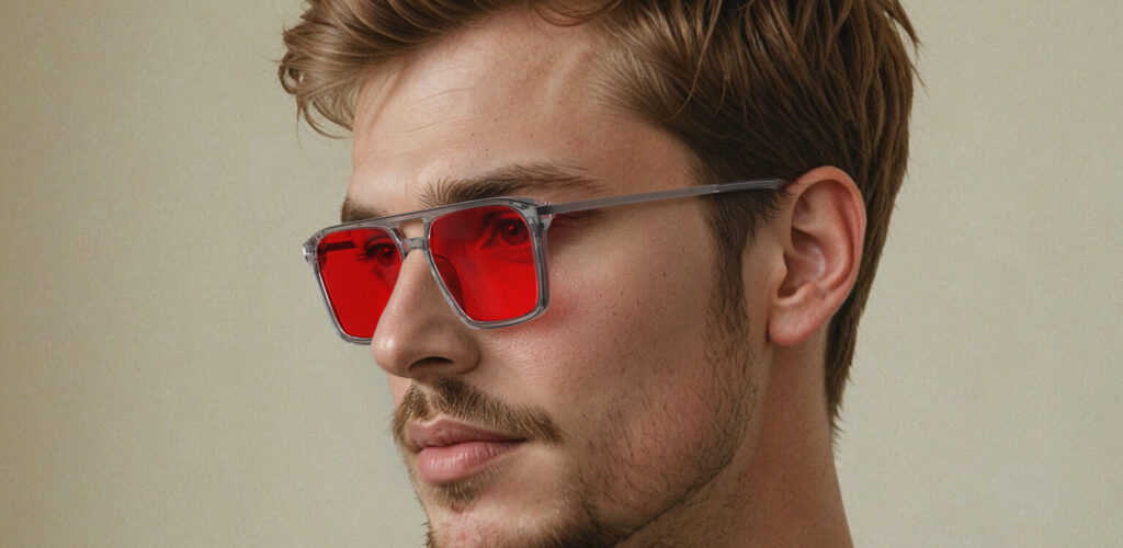 Left side view of a man wearing Night Ease Square Aviator Red Lens Sleep Glasses