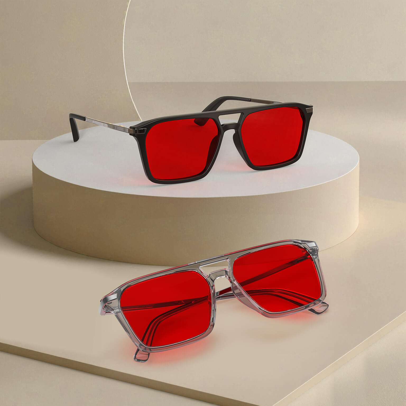 Night Ease Square Aviator Red Lens Sleep Glasses in black gunmetal and grey silver Frame shown side by side